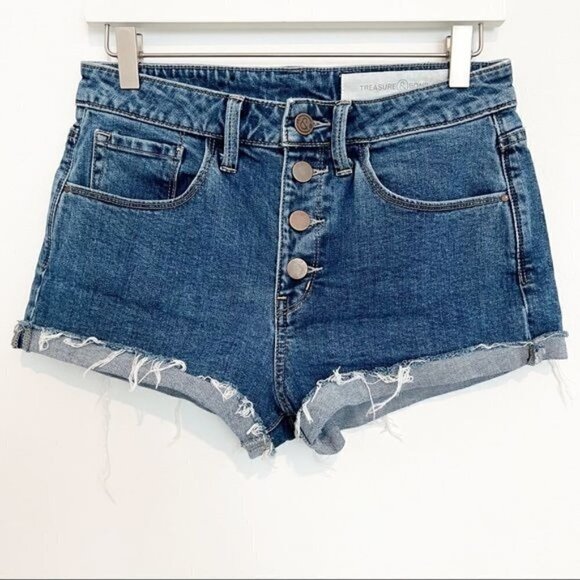 Treasure & Bond Denim Button Fly High Waisted Cuffed Jean Shorts Blue Size 26 - Picture 1 of 7